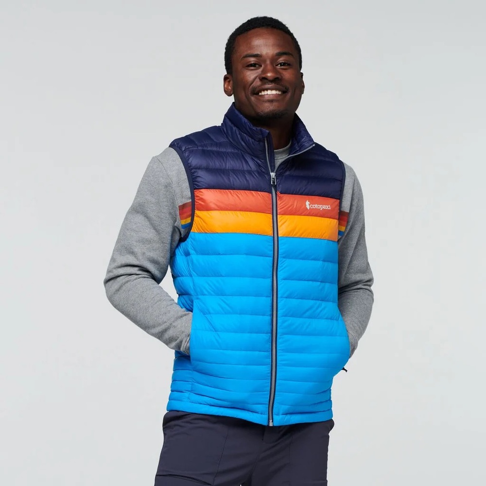 Cotopaxi Fuego Men’s Down Vest in navy red orange and light blue size mediumL